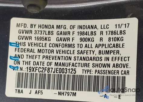 2018 Honda Civic Ex из США, поврежденный, VIN 19XFC2F87JE003125